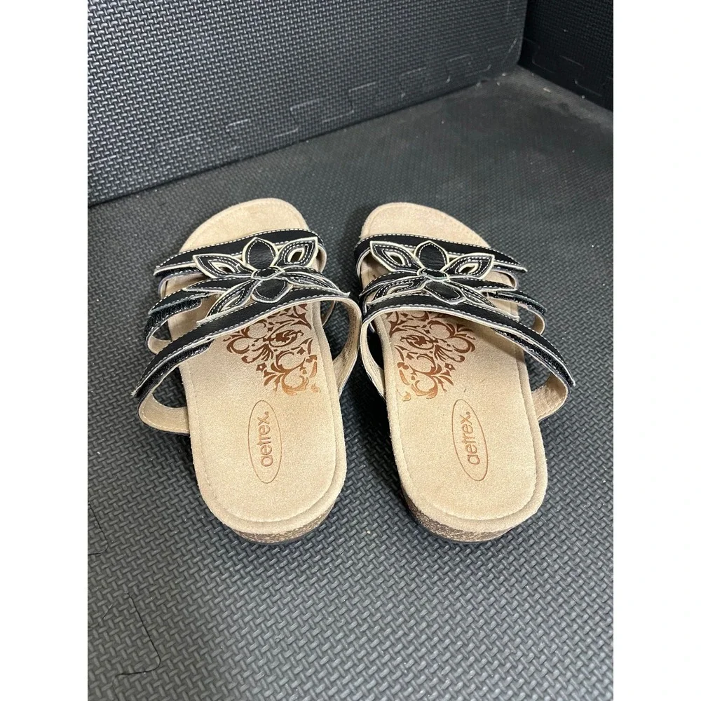 Aetrex‎ Women's Kristen Petal Slide Sandal Leather Black Shoes Size 6.5